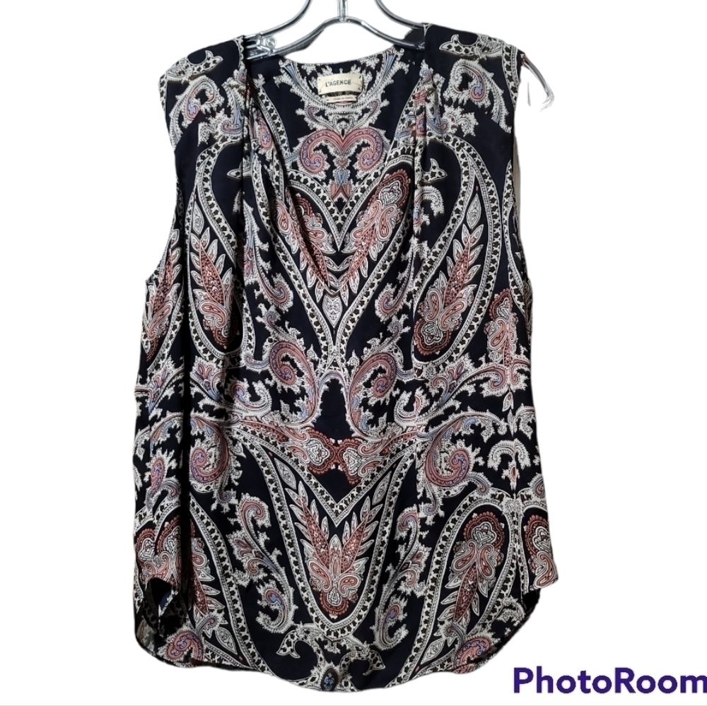 L'Agence Abella Paisley Sleeveless Blouse Small Silk Dark Navy - Picture 3 of 8